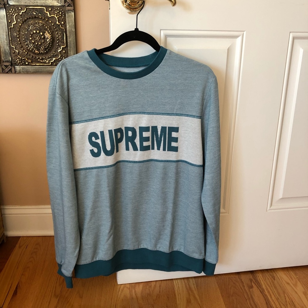 Supreme Teal Tonal Stripe Logo Crewneck size L